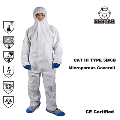 CAT III EN14126 TYPE 5B/6B White Microporous Film Coverall For Medical and Hospital